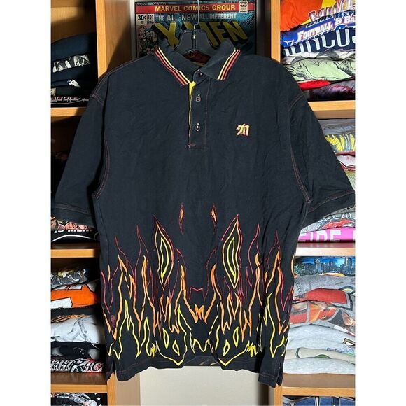 Vintage Y2K Mecca Flame Embroidered AOP Polo Shirt - Picture 1 of 6